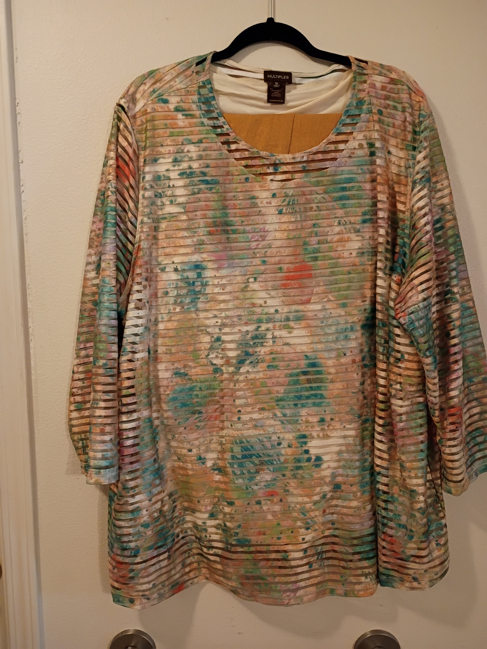 Multiples Watercolor Stripe Scoop Neck Tunic in Teal, Coral, Gold